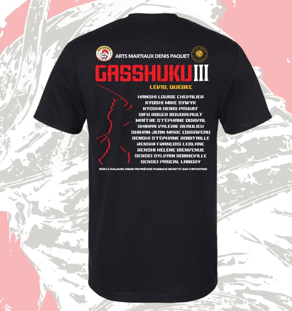 Dos du chandail du Gasshuku III avec la liste des invités, Lévis, Québec